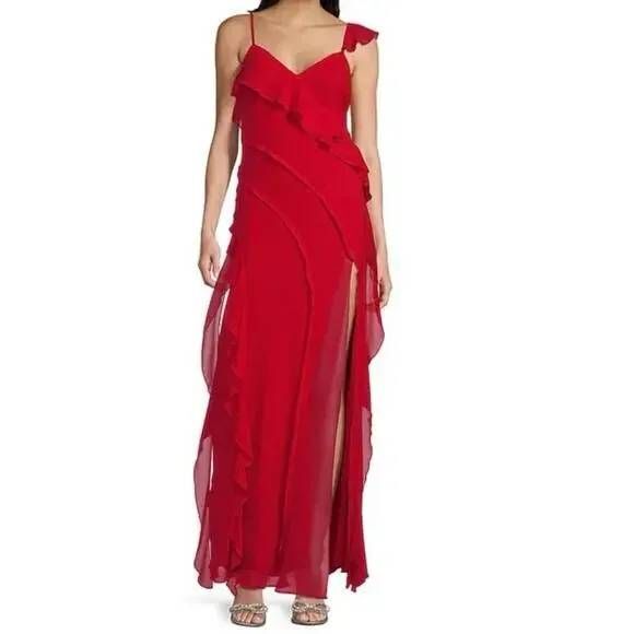 Crystal Doll Red Slit Ruffle Chiffon Maxi Dress NWT - Picture 1 of 5